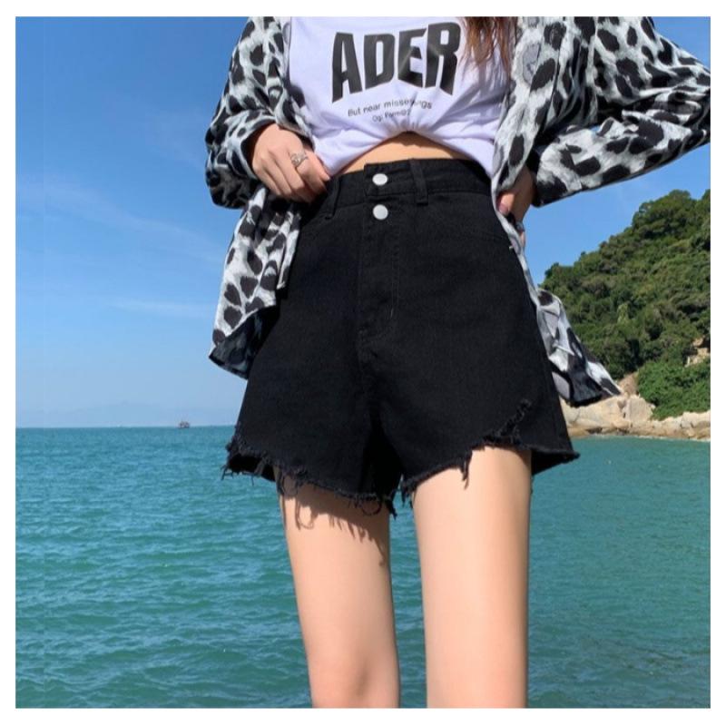 

Женские джинсовые шорты с высокой талией, на двух пуговицах, А-силуэта - Стройнящие, Универсальные, Повседневные, Горячие шорты для весны/лета 2XL чёрный