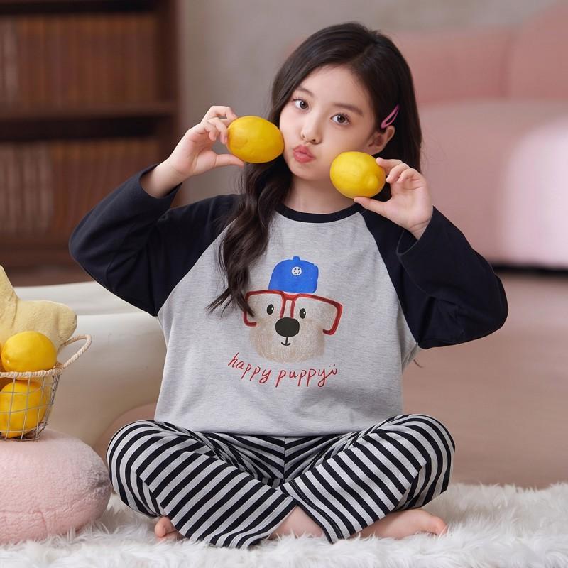 100% Cotton Girls Pajama Set Long Sleeve Round Neck Thin Home Wear Kids 8 Years