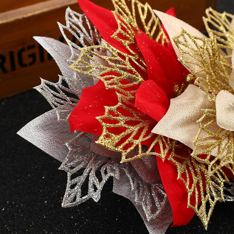 5-20pcs Christmas Artificial Flowers Glitter Xmas Tree Ornament Red Gold Poinsettia Flower Head Home New Year Party Decoration
