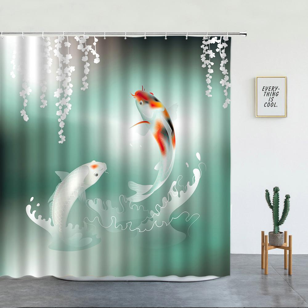 Japanese Scenery Shower Curtains Koi Carp Fish And Cherry Blossom for Bathroom Decor Set Washable Fabric Bath Screen With Hooks