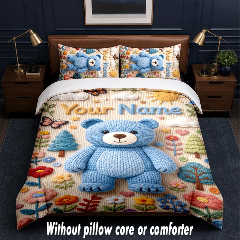 Teddy Bear Theme Custom Text Or Name 3Pcs Bedding Set,1 Flat Sheet & 2 Pillowcases Personalized Home Bedding