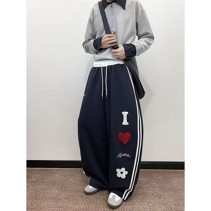 American striped silhouette casual sweatpants men's heavy design sense letter love hip-hop wide-leg couple sports trousers