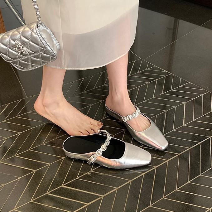 Inner heightening version~ Leather silver thick-bottomed bag head slippers women's rhinestone word with slope heel sandals Muller half slippers