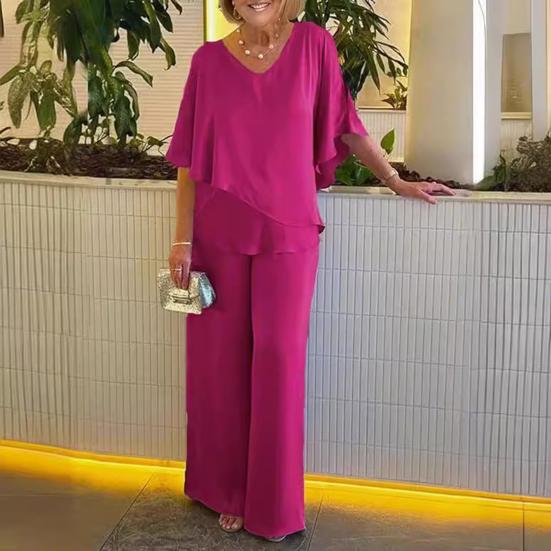 Summer Two Piece Outfit with V-Neck Layered Top and Wide Leg Pants