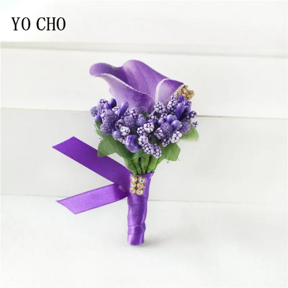YO CHO Wedding Corsages Flower Groom Boutonniere Purple Silk Rose Man Brooches Wedding Bridesmaids Bracelet Wrist Corsage Flower