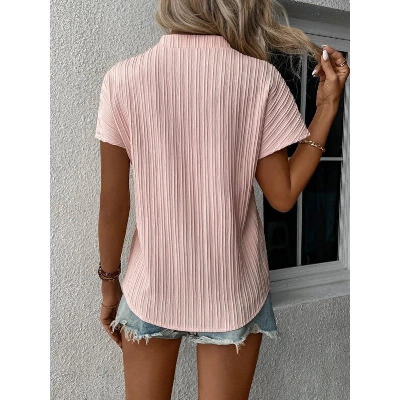 Women's New Summer Top Solid Color V-neck Striped Short-sleeved Casual T-shirt Shirt