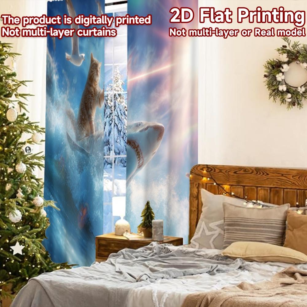 2pcs, 2D FLAT PRINTING Curtains (Without Rod) SharkRiderCat Christmas Holiday Curtains with Digital Printing Machine Washable