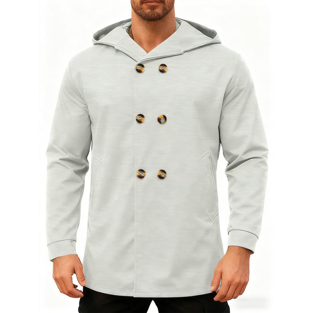 Men's Hooded  Mid Length Trench Coat Hoodie Jacket Double Breasted Suit Casual Windbreaker Outwear