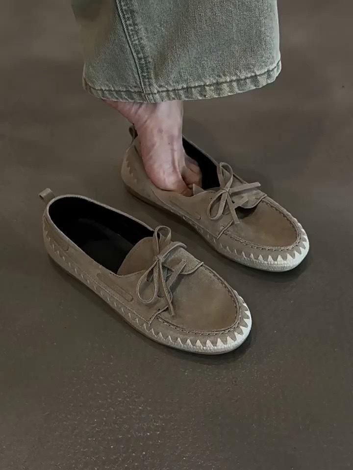 Sheepskin Version~ French Retro Style Comfortable Bow Casual Shoes Flat Bottom Round Head Light Mouth Single Shoes Lazy Fisherman Shoes