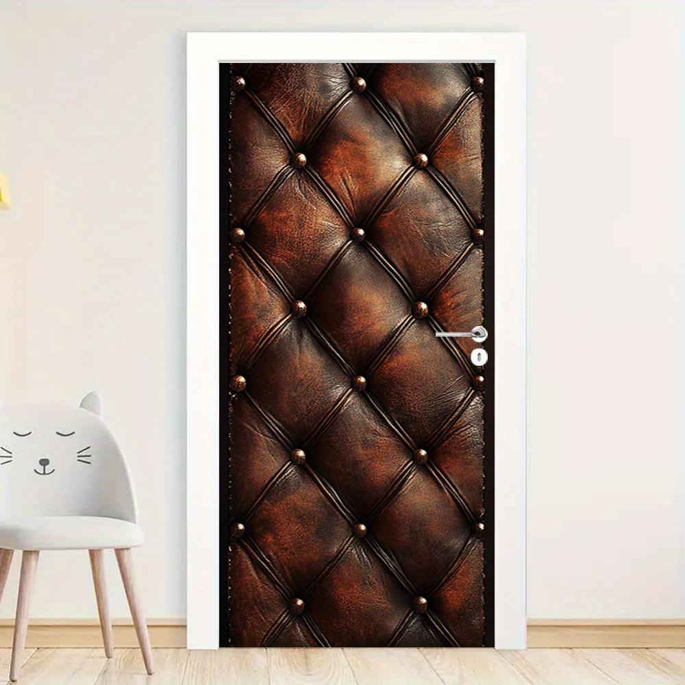 1 pair (2 pieces) of self-adhesive diamond patterned brown leather door mural stickers - texture imitates artificial leather tex