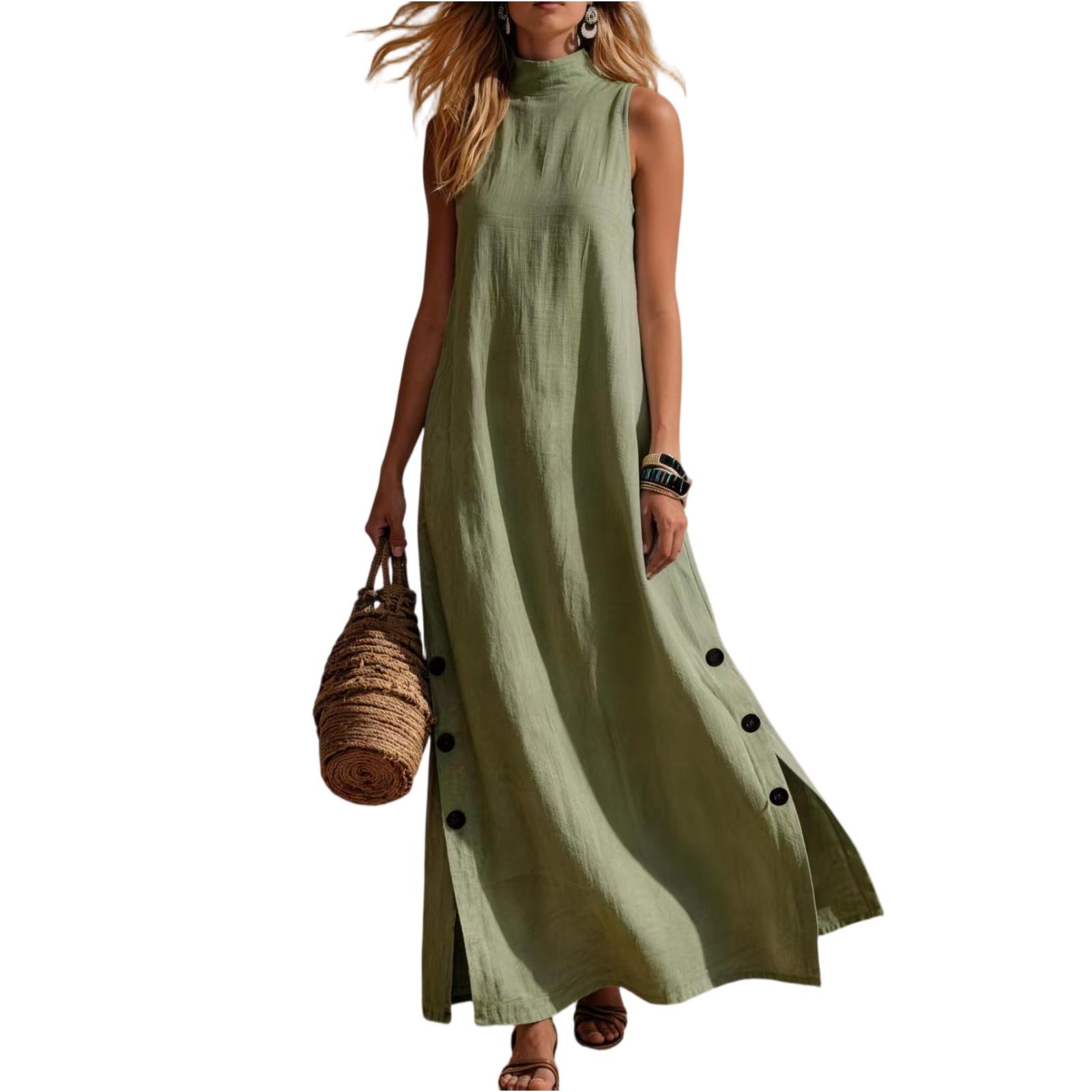 

Fashionable Women s Seaside Vacation Casual Color Cotton And Linen Sleeveless Side Slit Medium Length Dress L армия зеленый