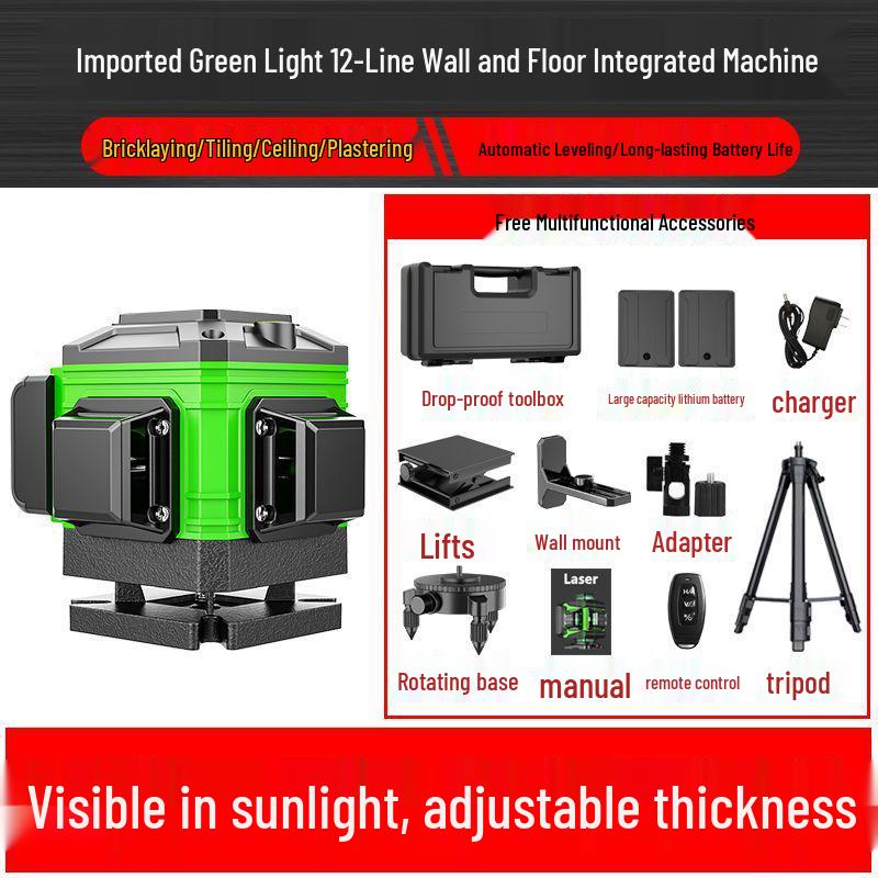 12/16-linjers minilaserpassare med hög precision, grönt ljus och vägg-/golvklistermärken