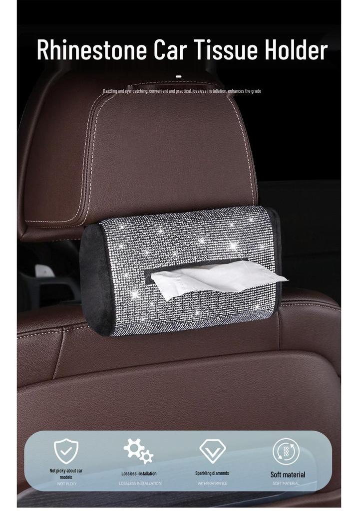 Diamond Studded Car Tissue Holder - Sun Visor & Armrest Mount, Luxurious Pull-out Design, Cute & Convenient In-Car Accessory