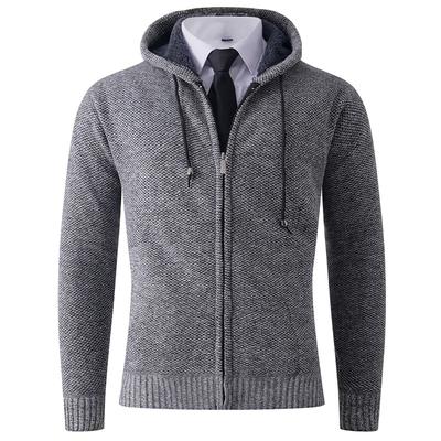 Winter Men'S Cardigan Hooded Sweater Simple Solid Color Fleece Thickened Knitted Sweater Casual Jacket