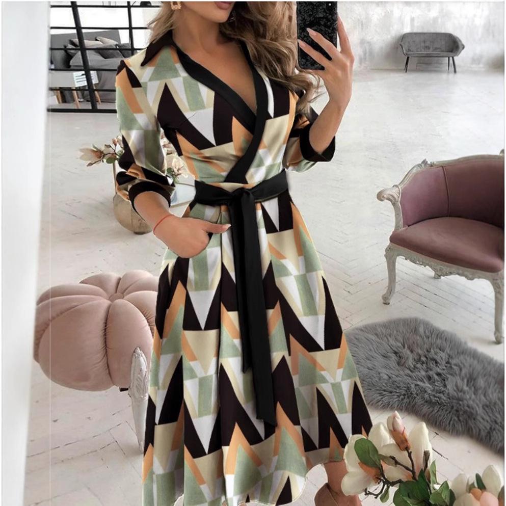 Women's Spring/Summer Fashion V-Neck Long-Sleeve Printed Hip Dress