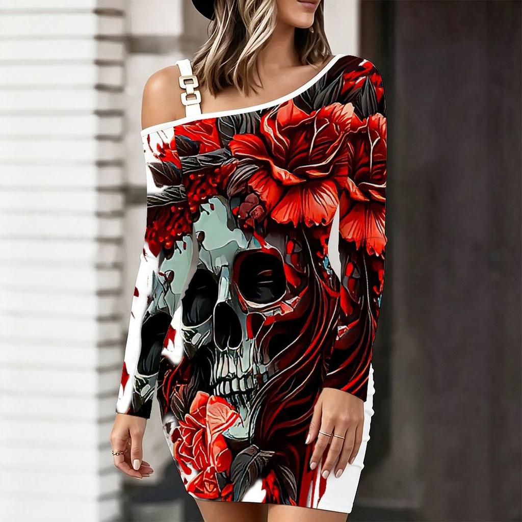 Women's One Shoulder Long Sleeve Bodycon Mini Dress, Skeleton Print Ruched Slim Fitting Party Dress