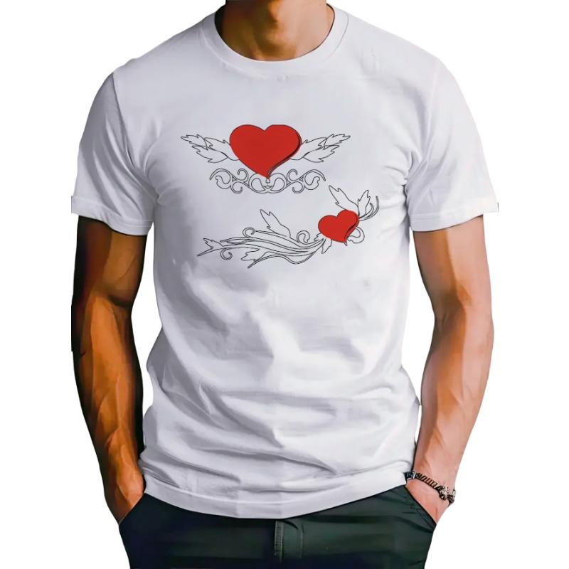 European Sizes Men's Short Sleeve Printed T-Shirt, 2D Love Design Tee 2D Heart Graphic Tee 2D Love Theme Shirt