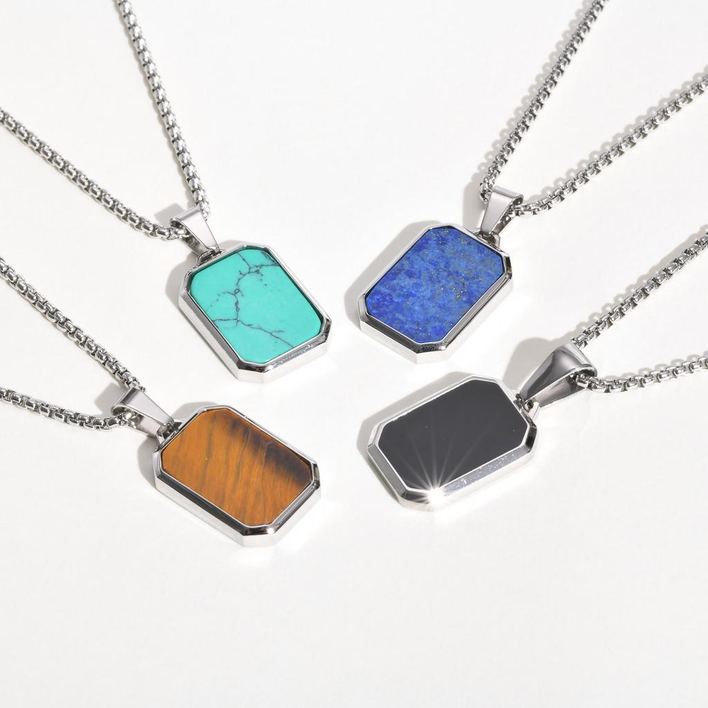 Trendy Pendant Necklaces for Men Boys Square Natural Stone Stainless Steel Necklaces  New Hip Hop Cool Jewelry Gifts