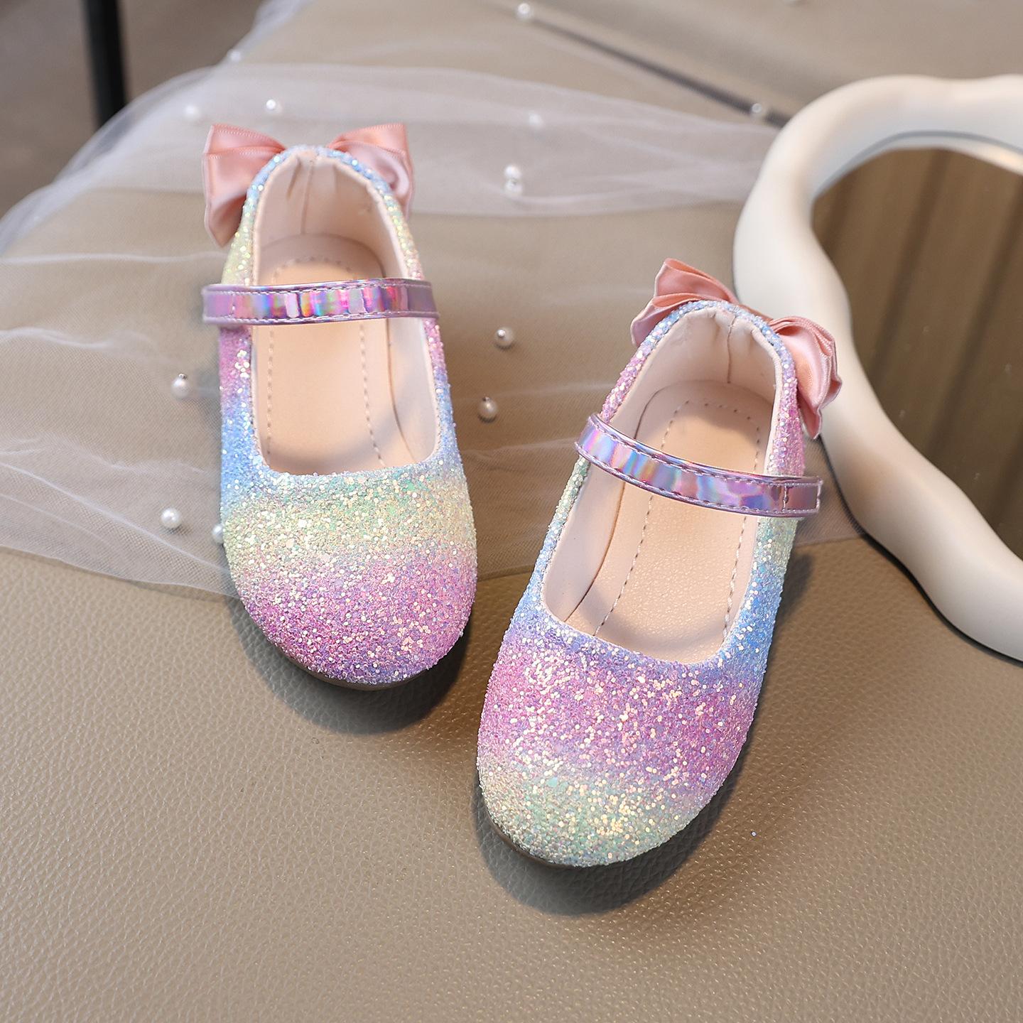 

Spring new style girls soft-soled leather shoes with rainbow sequins and bow, princess dress shoes, flat large size loafers for children 21-25Order five pairs of