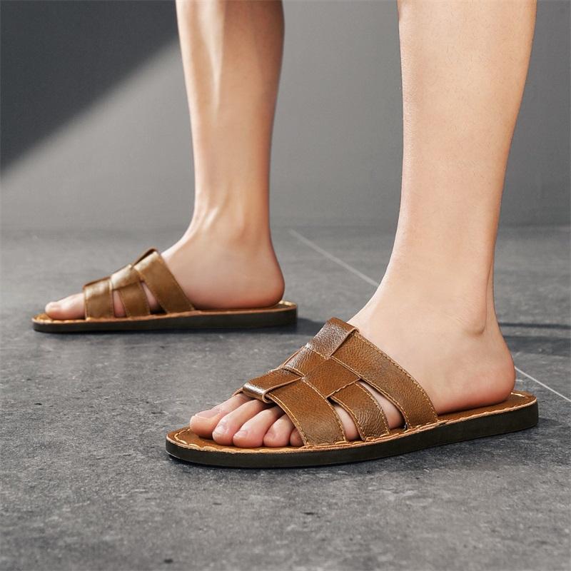 Men Slippers Handmade Simple Flats Brown Leather Sandals Black Summer Roman Sandals Open Toe Beach Shoes Plus Size