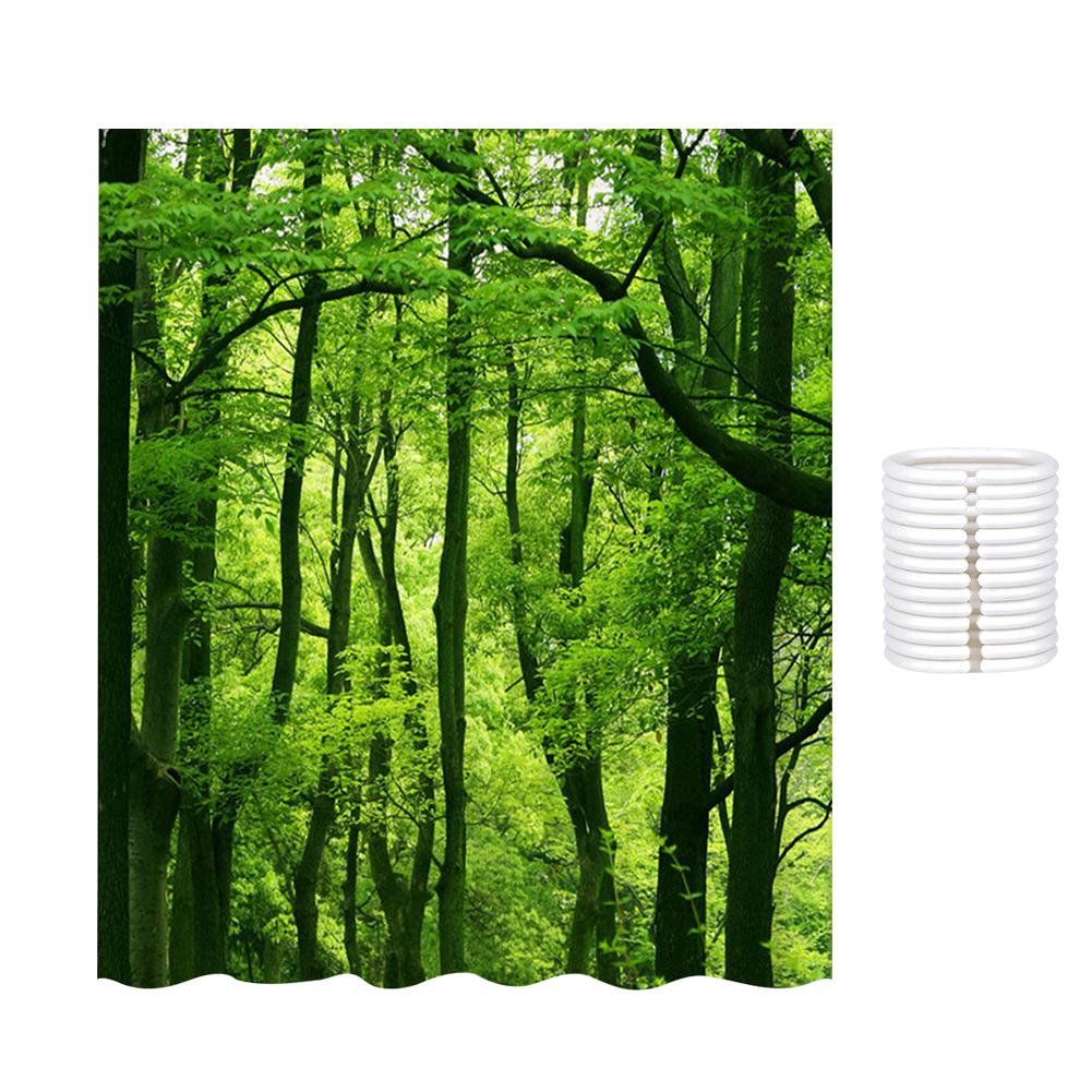 Green Forest Shower Curtain with Hooks 3D Scenery Shower Curtain Waterproof Garden Shower Curtain for Bathroom