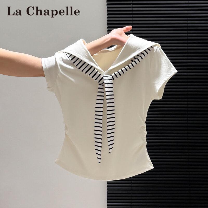 La Chapelle Women s Sailor Collar Striped Crop T-shirt L