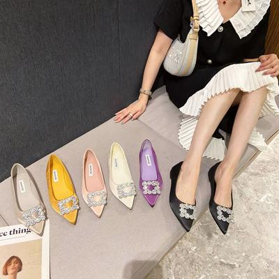 2025 Spring and Autumn New Rhinestone Buckle Pointed Flat Bottom Satin Light Mouth Soft Bottom Word with French Niche Women's Single