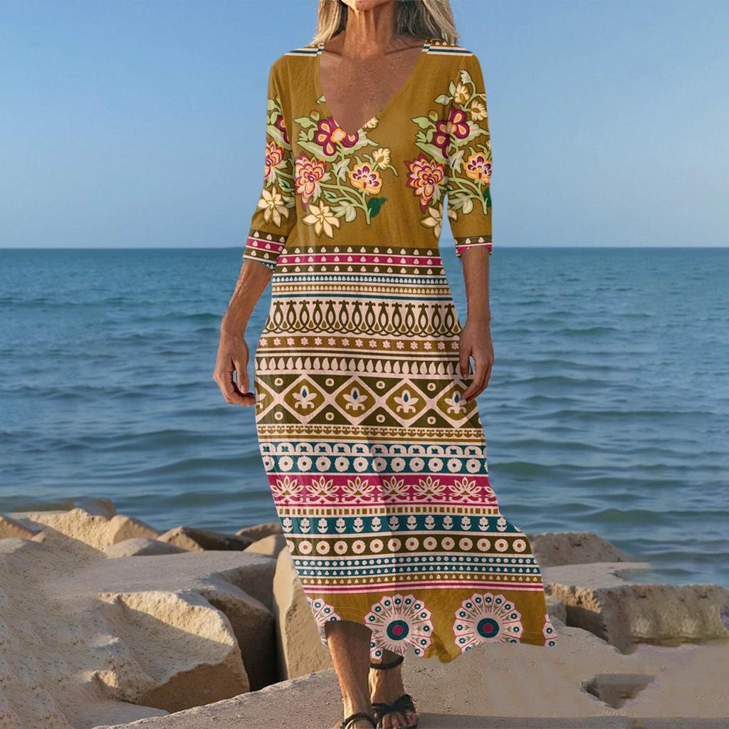 Abiti Da Donna Tunichetta Stampa Vintage Con Cintura Abito Midi Estivo Casual Manica 3/4
