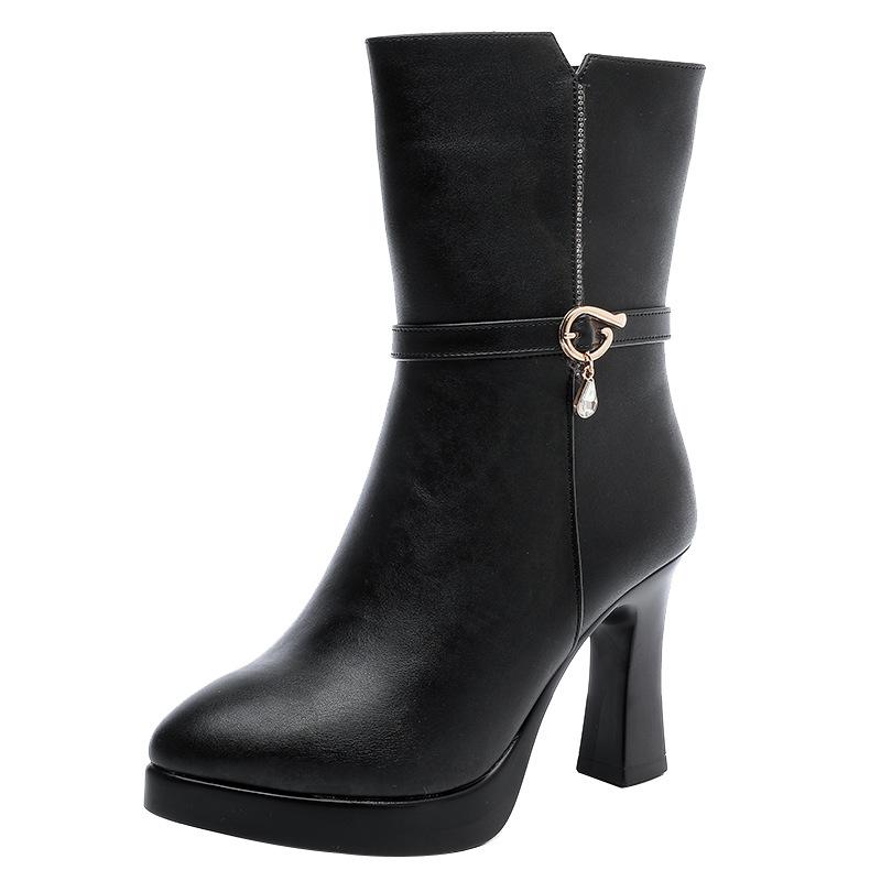 7.5cm 9.5cm Elegant Comfortable Soft Leather Boots Winter Shoes 2025 Women's Block High Heels Warm Plush Mid Calf Boots for Mom