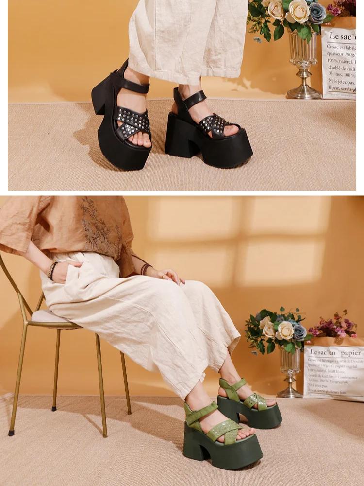 Johnature Genuine Leather Super High Heel Sandals Riveted Thick Soled Roman Women's Platform Shoes