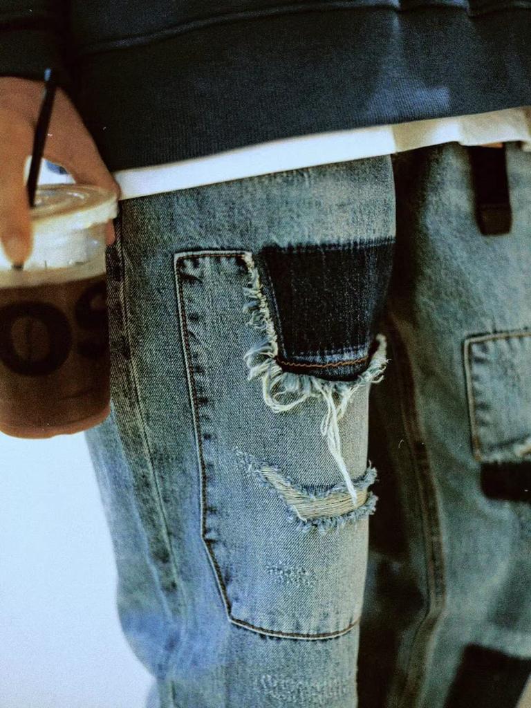 CHANGE WELL Men's Plus Size 2022AW Fashion American Vintage-Style Denim Pants, Straight Fit, Casual, Distressed Patch Jeans (BLUE, 28)