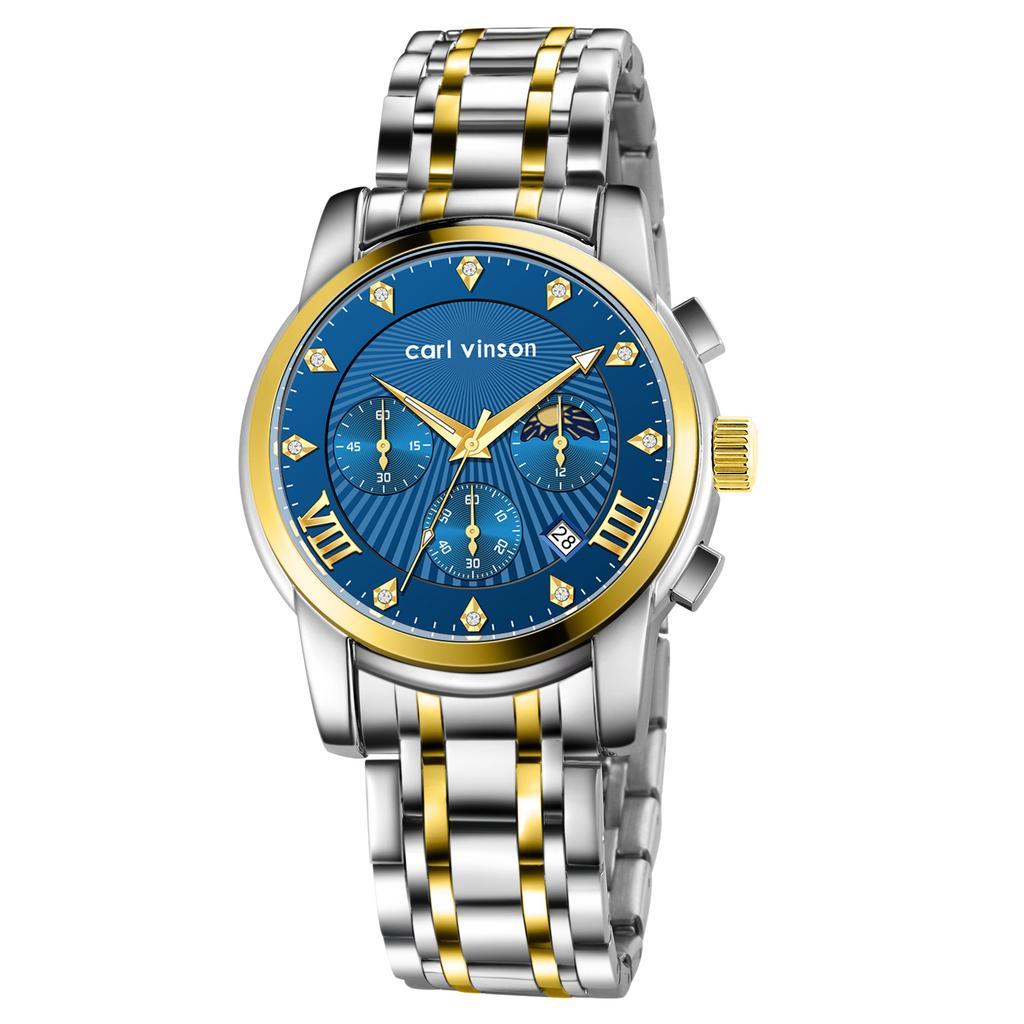 Men's Multi-function Watch Stainless Steel Strap Bow Buckle Men's Watch Moon Phase Waterproof Luminous Watch