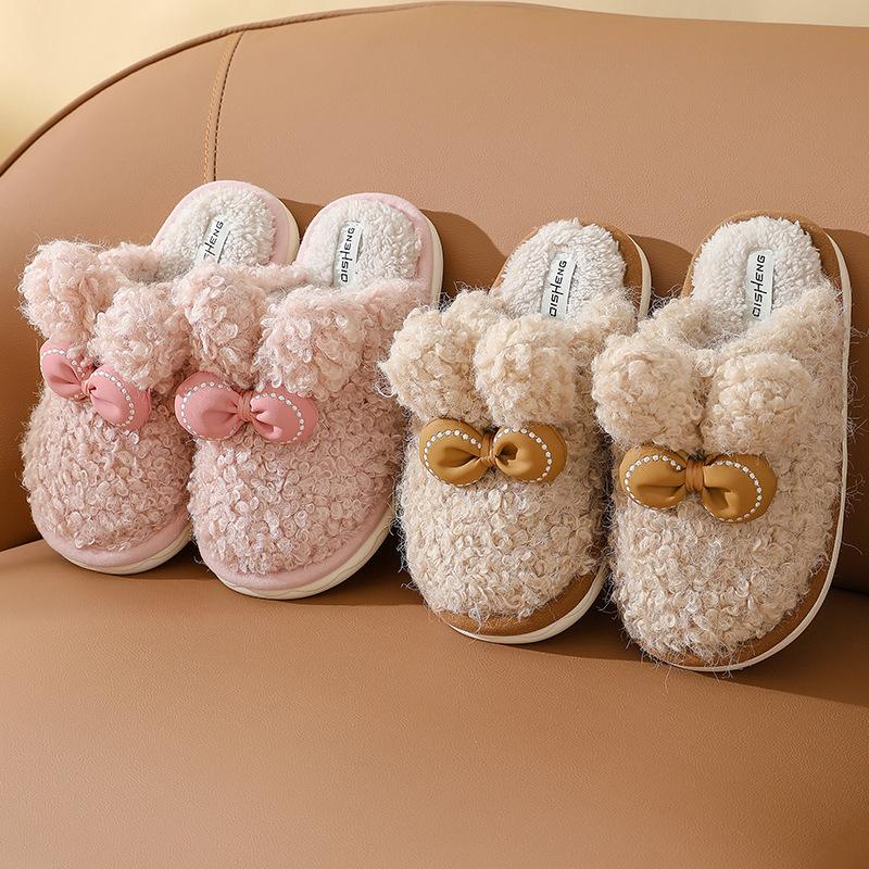 Rabbit ear bow cotton slippers women's winter home couple thickened non-slip soft bottom fluffy thickened warm