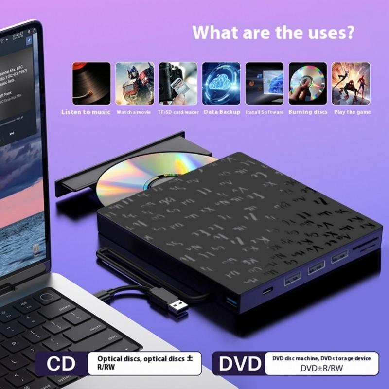 Portable External DVDs Drive RWs Burners Two Interfaces USB Type C Fast Speed CDs DVDs Recorders Player