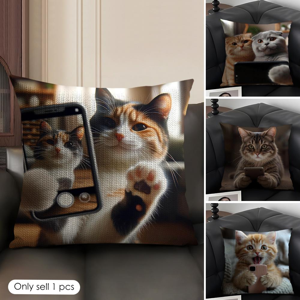 Cute Cat Playing Phone Cushion Cover Natural Linen Organic Fabric DoubleSided Printing Sofa Home Decor Gift Pillow Case