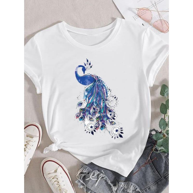 (European Size)  Lovely Women Short Sleeve Fashion Tee Trend Watercolor Style Top Clothing Print Lady Casual T-shirt Female Graphic T-shirts