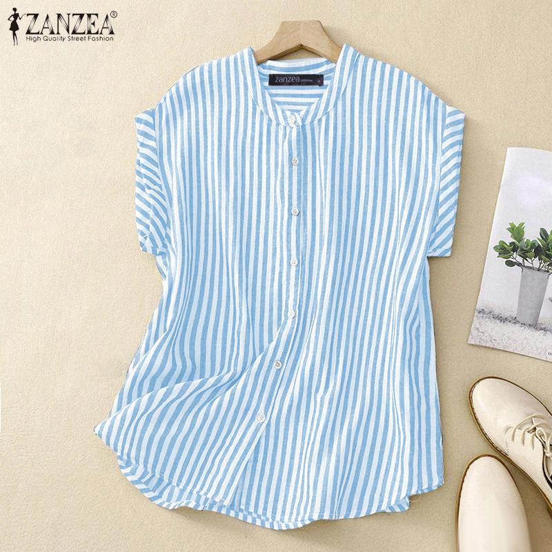 ZANZEA Women Casual Round Neck Summer Short Sleeve Stripe Blouse