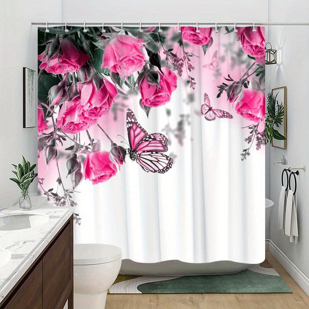 1 Elegant Pink Rose And Butterfly Shower Curtain, Soft Gradient Background, Polyester Fabric, With Hooks, Machine Washable