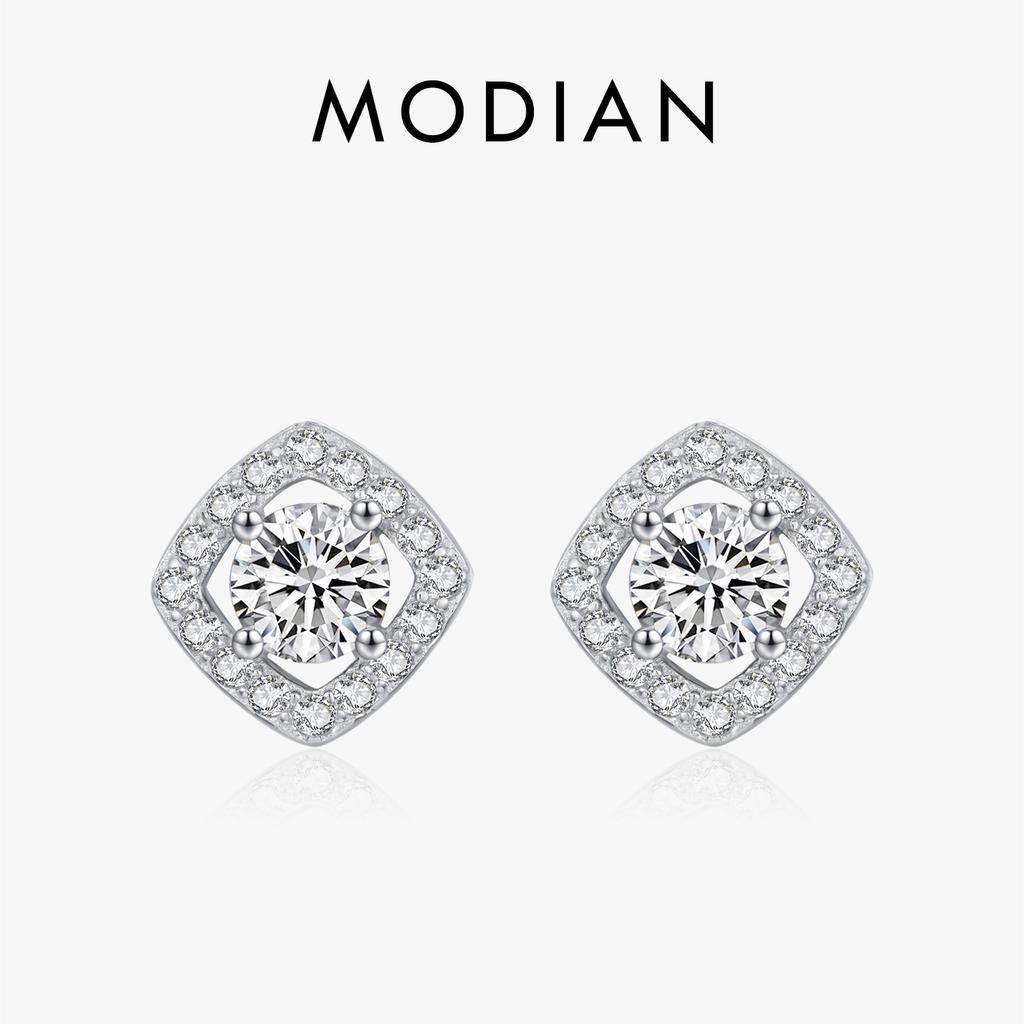 MODIAN 925 Silver Luxury Sparkling Sugar Cube Zirconia Stud Earrings For Women Wedding Engagement Fine Jewelry