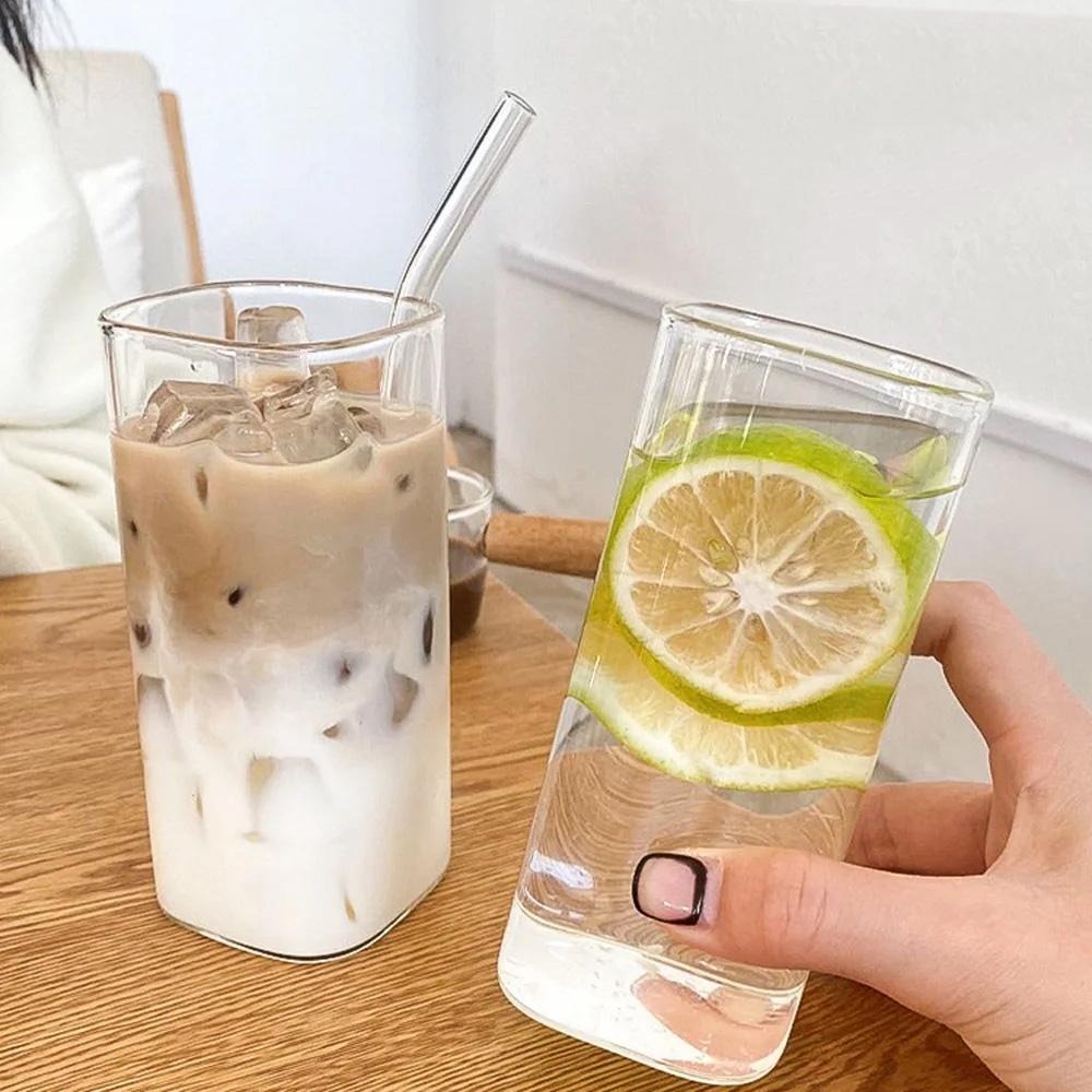 400ml Fyrkantig Transparent Glas Vattenkopp Med Lock Och Sugrör Iskaffemugg Värmebeständig Sommar Juice Dryck Mugg