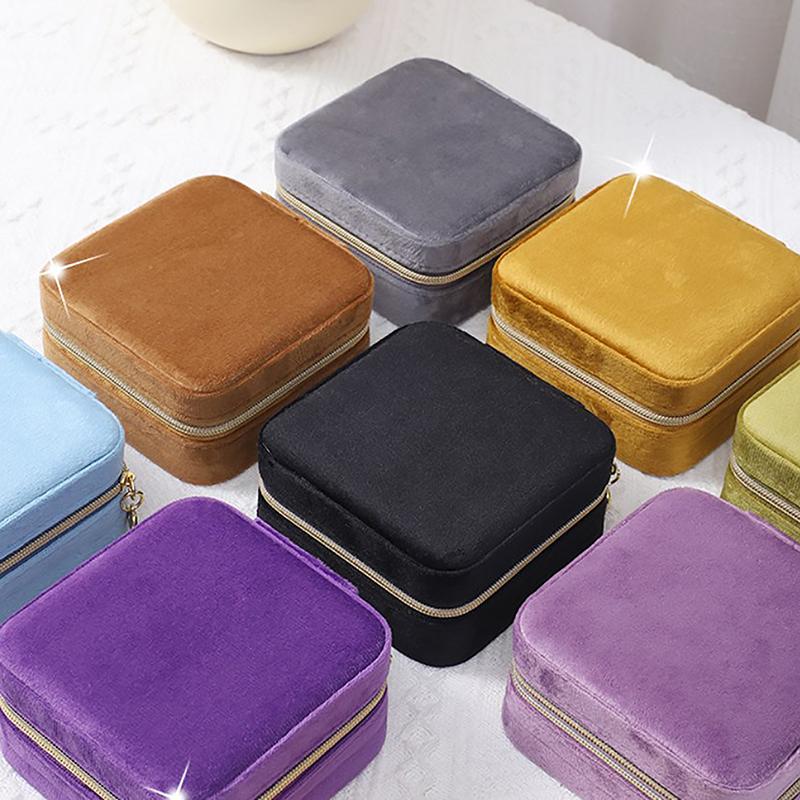 Velvet Jewelry Box Travel Portable Flannel Square Zipper Style Jewellery Storage Case  Gift Holder Ring Earring Holder