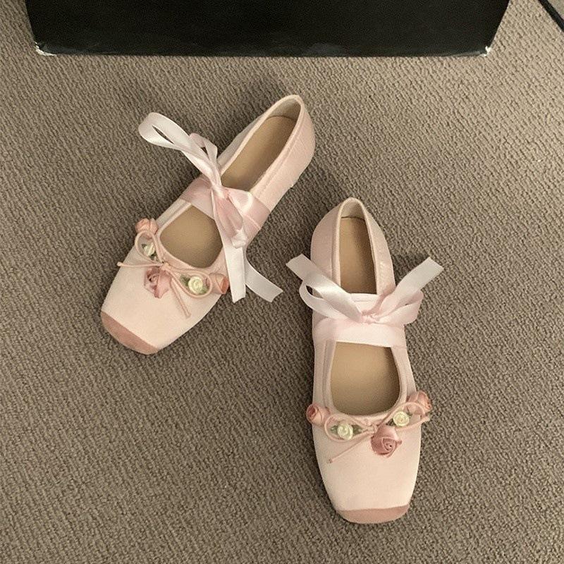 Pink light mouth square head flat sole shoes women's spring and autumn ballet shoes Mary Jane shoes