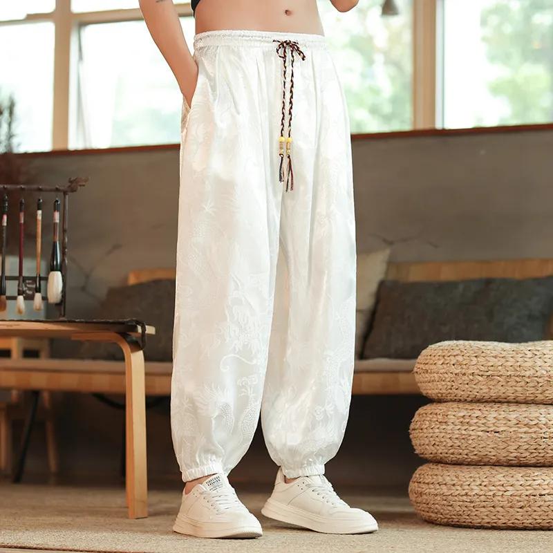 Hose im chinesischen Stil für Herren, Outdoor, Eisseide, Drache, Dunkle Blume, Locker, Weites Bein, Freizeithose, Männlich