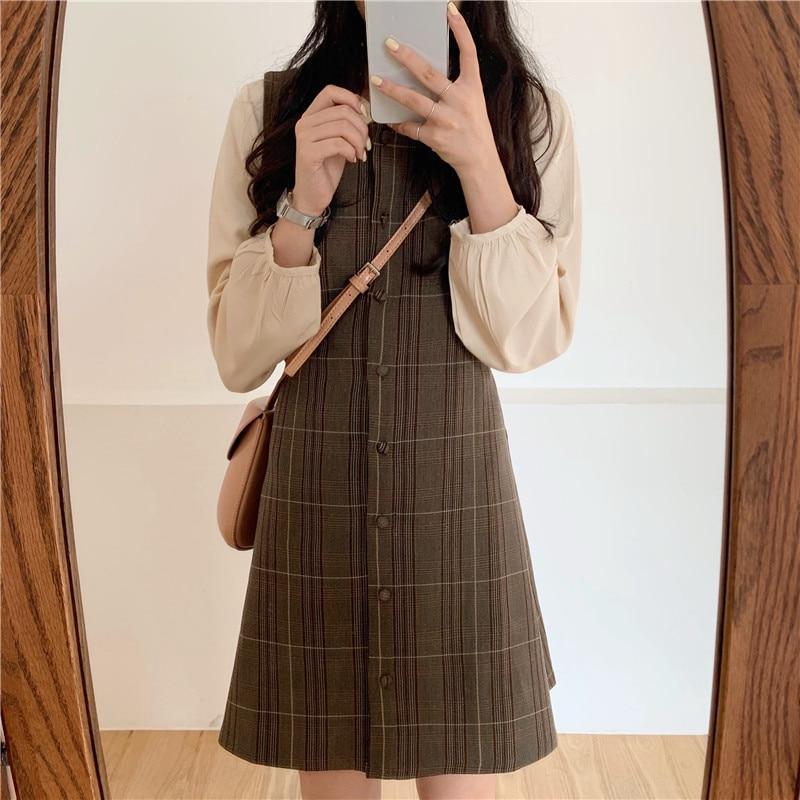 

2021, весенне-осенний женский мини-сарафан в английском стиле, коричневое клетчатое платье без рукавов с квадратным воротником, милое винтажное корейское платье-майка