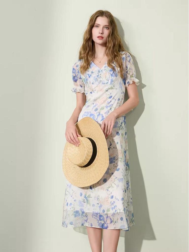 2026 Summer French Floral Mid-Length Blue Skirt - Romantic & Fashionable