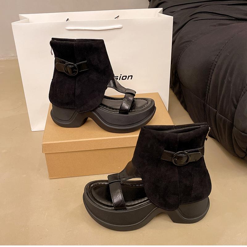 Fashion Fashion Height Increase Women Sandals Boots Fashion Hollow Out Open Toe Shoes Street Style Ladies Thick Heel Short Booties