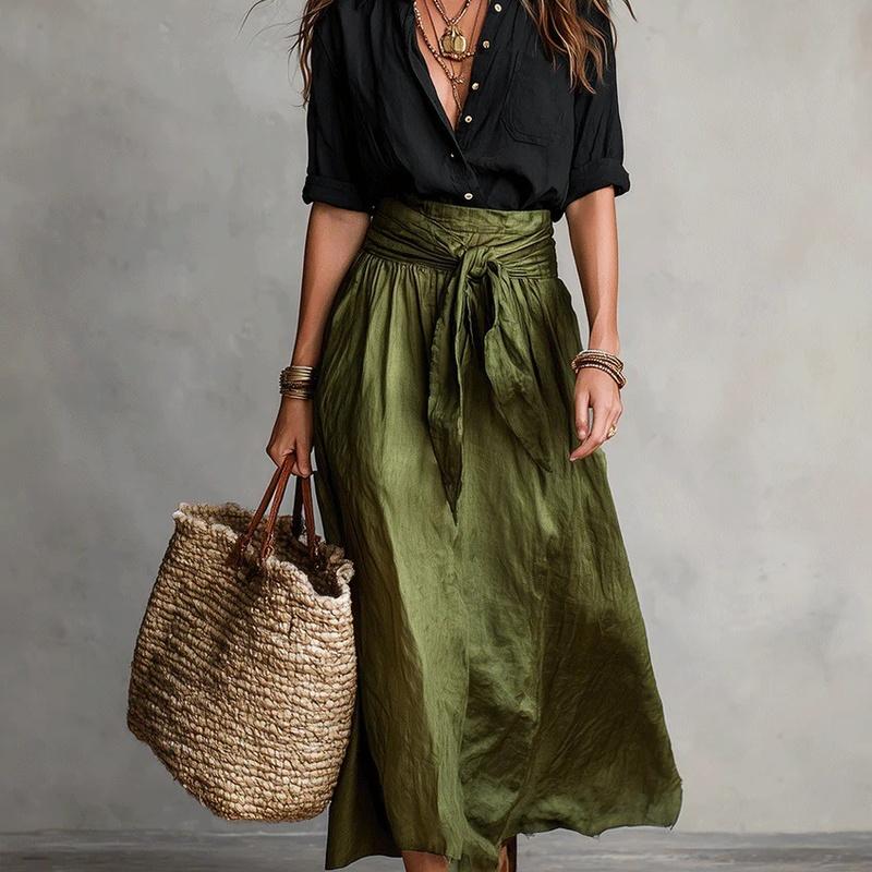 European Style Spring and Summer Contrast Color Women Casual Fashion Midi Skirt Blouse Two Piece Set XL