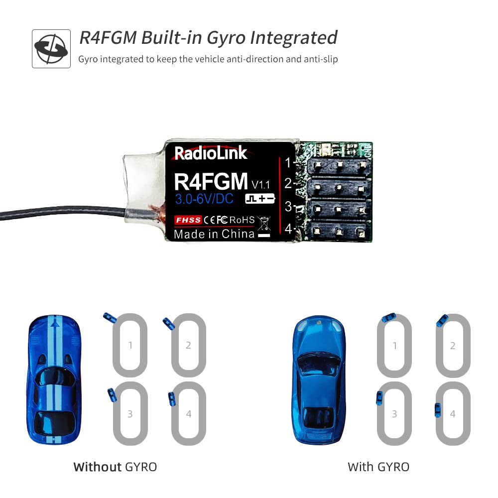 [Authentic RadioLink Product] Receiver with Gyro, Control Distance: 400m (2.4GHz 4ch), Miniature-Size Radio Control Car Transmitter for 128 Scale
