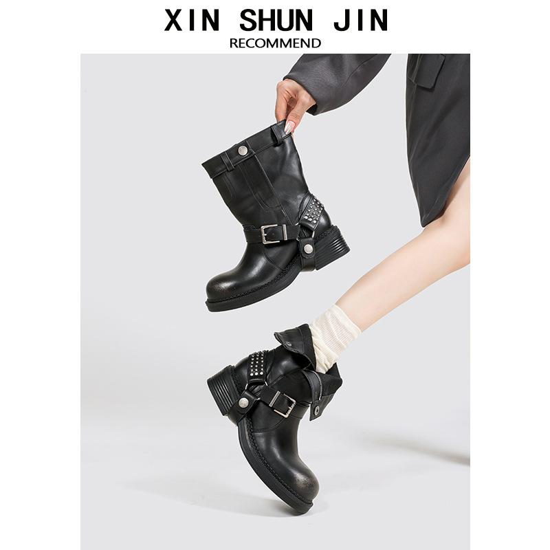 Polished Coarse Heel Martin Boots Locomotive Style Black Simple Knight Boots Round Head Thick Sole Heightening Sleeve Female