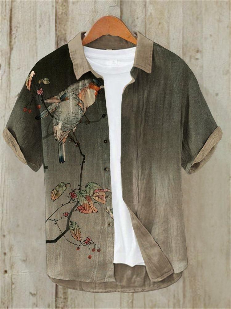 Summer Fashion Large Size Youth Men's Short Sleeve Shirt Linen Cardigan Lapel Funny Cat Ink Painting Print